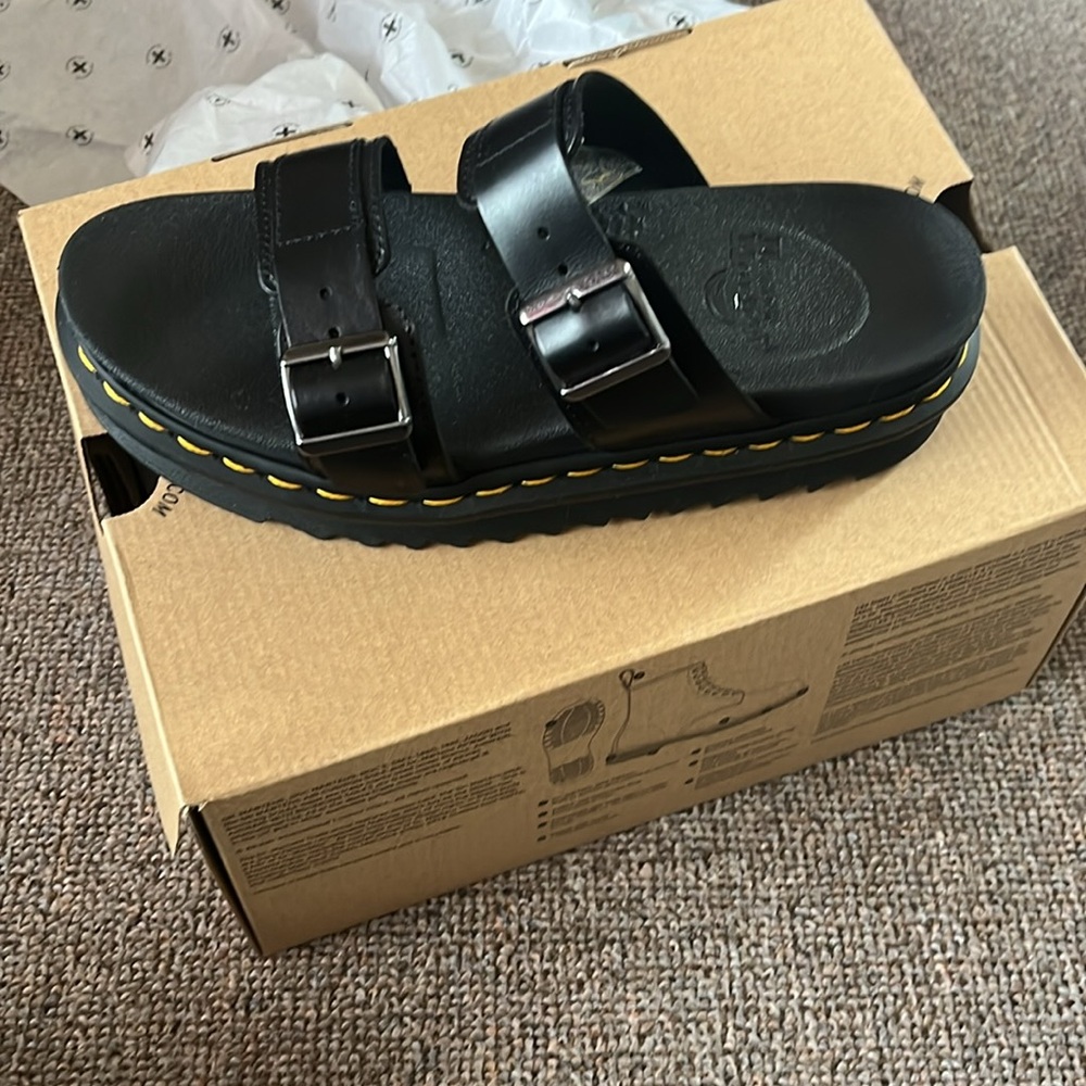 Dr. Martens Black Leather Double Buckle Platform Sandals with Yellow Stitching